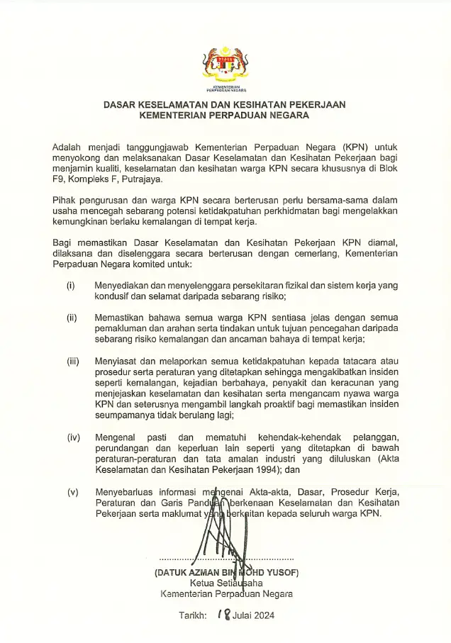 DASAR KESELAMATAN DAN KESIHATAN PEKERJAAN KEMENTERIAN PERPADUAN NEGARA